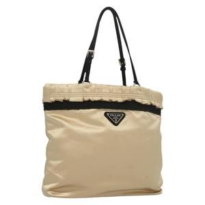 PRADA Hand Bag Satin Beige Silver Auth 134450